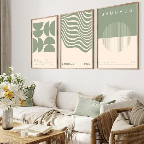 Grüne Geometrische Wandkunst - Abstrakte Leinwandmalerei, Mitte des Jahrhunderts, Druck, Linien, Bauhaus 1923, Poster, Salbeigrün