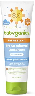 Babyganics SPF 50 Mineral Sunscreen Lotion, Sheer Blend, UVA UVB Protection, Octinoxate & Oxybenzone Free, Water Resistant, Fragrance Free, 8 oz