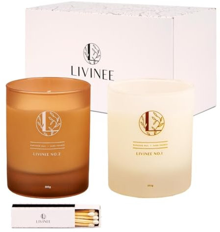 LIVINEE - 2 Duftkerzen als Geschenkset inklusive Streichhölzer | zwei handgegossene Premium Kerzen im Glas als Geschenkbox | natürliches Rapswachs
