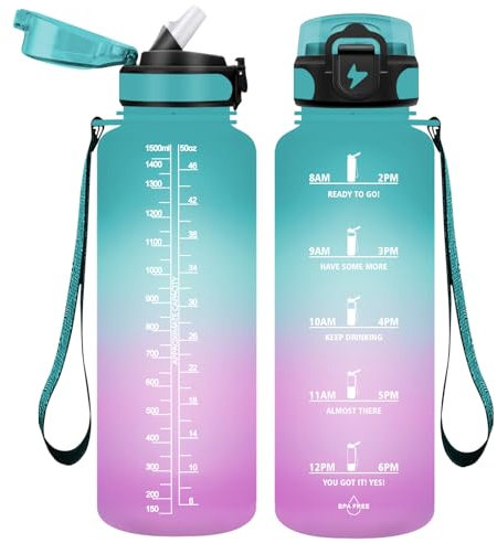 Vikaster Botella de 1.5L, sin BPA, a Prueba de Fugas, Botella de Agua de plástico, Botella con Pajita, Botella Grande para Yoga, Gimnasio, Exteriores, Viajes, Senderismo