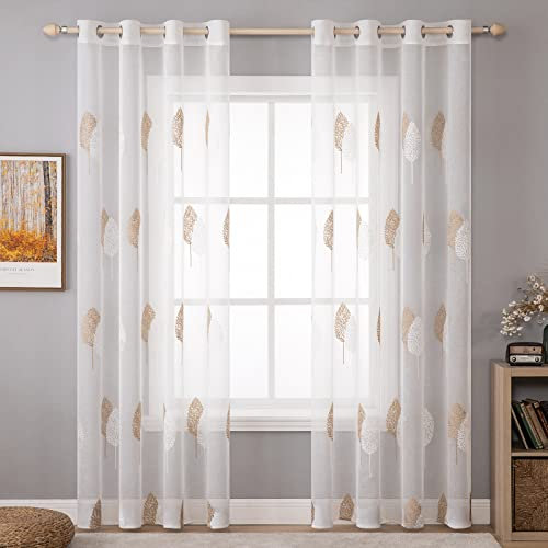 MIULEE Wohnzimmer Vorhänge Transparent mit Braun und Weiss Blätter Muster, Extra Lange Stickerei Gardinen Ösen für Schlafzimmer Deko, 2er Set Schöne Blätter Muster Herbst Vorhang Fenster H 290 x B 140