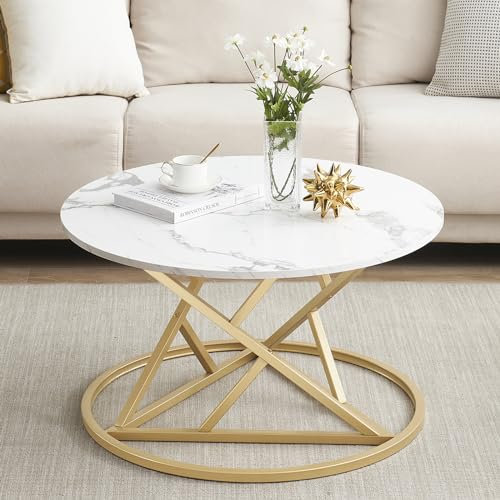 ZZINOKE Table Basse Ronde 80cm, Table Basse Aspect Faux Marbre avec Cadre en Métal Doré, Table de Salon, Table d'Appoint pour Meubles De Salon, Imitation Marbre Blanc, 80 * 80cm