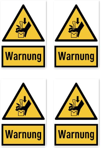 Aufkleber: 150x100 mm, 4 Stück - Signalwort Warnung Quetschgefahr Hand zwischen Werkzeugen einer Presse - Warnzeichen mit Text (deutsch) (gelb/schwarz) - hochkant - W030 - DIN EN ISO 7010 / ASR A1.3