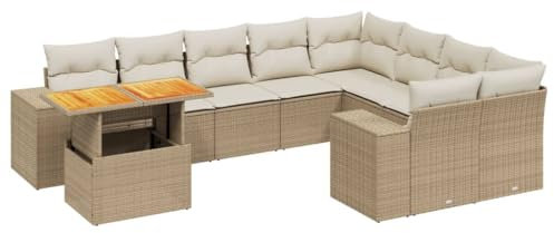 vidaXL Garten Sofagarnitur mit Kissen 10-TLG., Gartenmöbel Gartengarnitur, Sitzgruppe Sitzgarnitur, Lounge Sofa Garnitur Terrasse, Beige Poly Rattan
