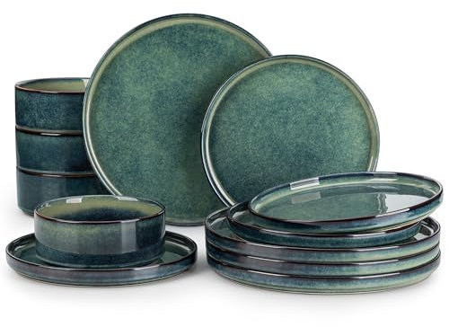 vancasso Starry Plates and Bowls Sets,12 Pieces Green Dinnerware Sets for Kitchen,Modern Stoneware Dishes Set for 4,Dishwasher and Microwave Safe