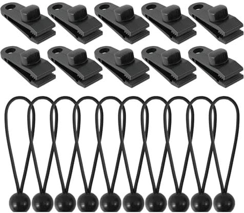 20 PCS Tarp Clips Set, Including 10 PCS Heavy Duty Clips and 10 Tent Bungee Cords, Camping Tarpaulin Tent Clips Awning Clamps for Awning Outdoor Camping