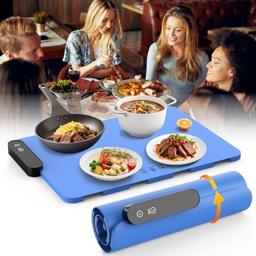 Electric Warming Tray, Silicone Warming Mat with 5 Temperature Settings and Timing Fast Heating Electric Heating Tray Roll Up Hot Plates to Keep Food Warm for Home Buffets (Blue, 45 x 32cm)