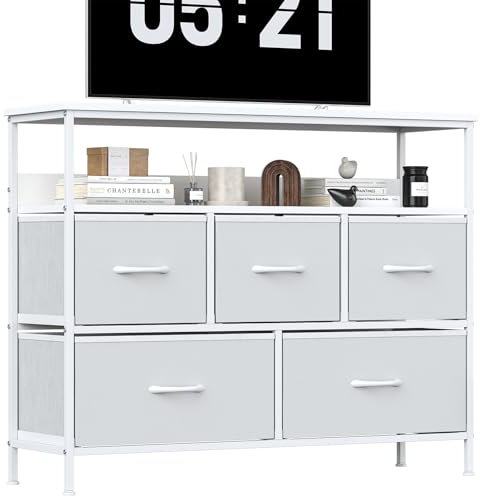 KU Syang 5-Drawer Chest of Drawers with TV Stand | Heavy-Duty Steel Frame & Scratch-Resistant MDF Top | Multi-Functional Storage Unit with Fabric Drawers for Bedroom & Living Room Hallway White