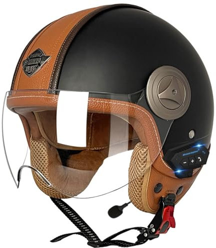 Bluetooth Jethelm Motorradhelm ECE Zertifizierung Integrierter Bluetooth-Helm Jet Scooter Helm Rollerhelm Jet-Helm Herren Damen mit Visier 13,XXL=63~64cm