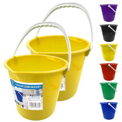 Colour Coded Plastic Bucket with Handle, 2 Gallon (7.5L) Household Heavy Duty Bucket with Spout and Easy-Grip Handle, Multipurpose Water Pail for Cleaning, Bath, and Gardening (Yellow Pack of 2)