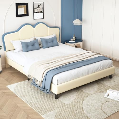 Ctastay Kinderbett Polsterbett 140x200 cm für Kinder, Bett Jugendbett Doppelbett mit Polster-Kopfteil, Familienbett Bettgestell mit Lattenrost, PU, Blau + Weiß (Ohne Matratze)