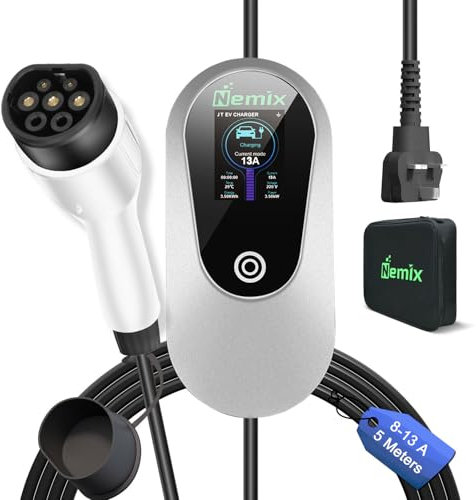 Nemix 3.0KW Home EV Charger, 5 Metres Cable with Type 2 to 3 Pin Plug, Portable Electric Car Charger for EVs and PHEVs