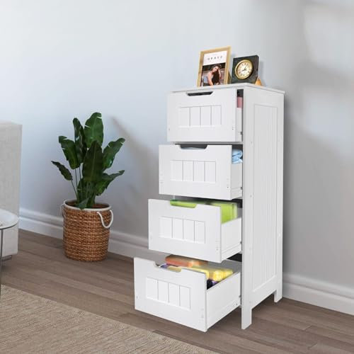 Qimu Chest of Drawers White Bathroom Storage Cabinet with 4 Drawers, 4-Drawer Floor Standing Bathroom Storage Unit, Narrow Storage Cupboard Wooden Freestanding Tall Storage Cabinet, 30 x 30 x 82 cm