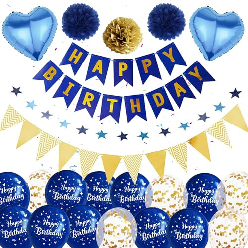 Geburtstagsdeko Luftballons Blau Gold Junge - Happy Birthday Banners mit Wimpel Sternen Girlande Pompons, Konfetti Ballons für Kindergeburtstag Junge Mädchen Männer Geburtstags Deko