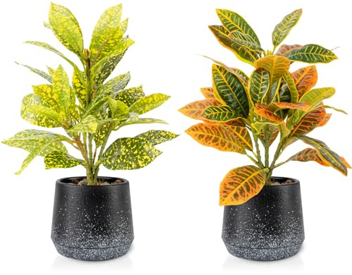 2 Pack Realistic Artificial Potted Plants Codiaeum Variegatum, 11.8 Small Faux Greenery for Desk, Bathroom, Office, or Home Decor (Evergreen, Maintenance Free)