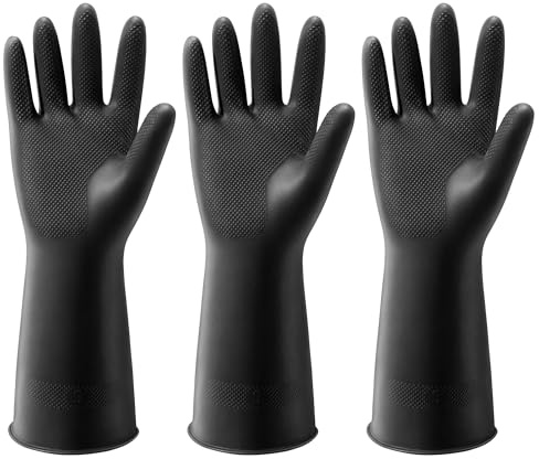 ThxToms 3 Pairs Dishwashing Cleaning Gloves, Reusable Dishwashing latex Gloves for Kitchen & Bathroom Cleaning,Non-Slip,Smooth Comfortable Lining,Black(Medium) S