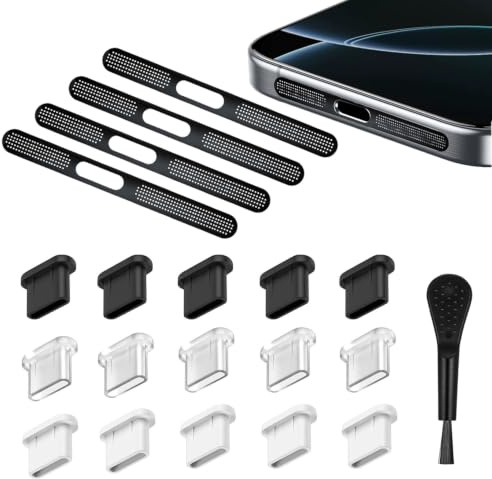 TILONKJ 20 Pcs USB-C Staubschutz Set mit Lautsprecher Schutz-Schwarz | mit Reinigungsbürste, Staubgeschützt, für 17/16/15 Series und Für USB C/Type C& Laptop Ladebuchse Schutz Zubehör