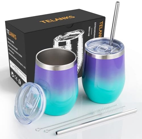 TELANKS 2 Stück Edelstahl Weinbecher to go 350 ml, Camping Weingläser | BPA-frei, Hält 3 Stunden Warm und 9 Stunden Kalt, Geeignet für Reisen
