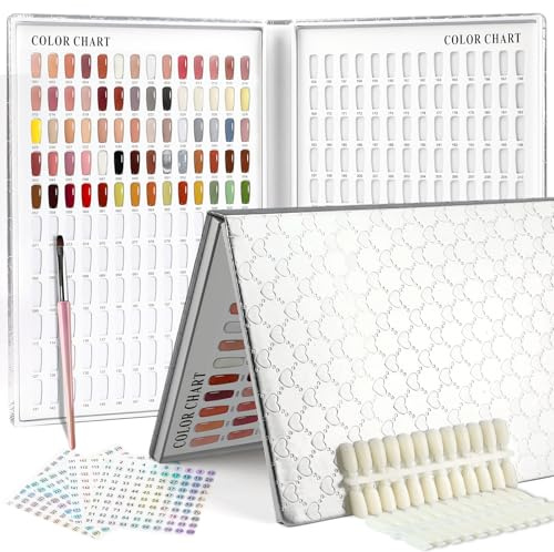 308 Nail Colour Display Book with 360 Nail Display Tips Professional Nail Swatches Book Gel Polish Colour Swatch Cards with Brush and Number Sticker for Nail Salons (One Size) (Silver)