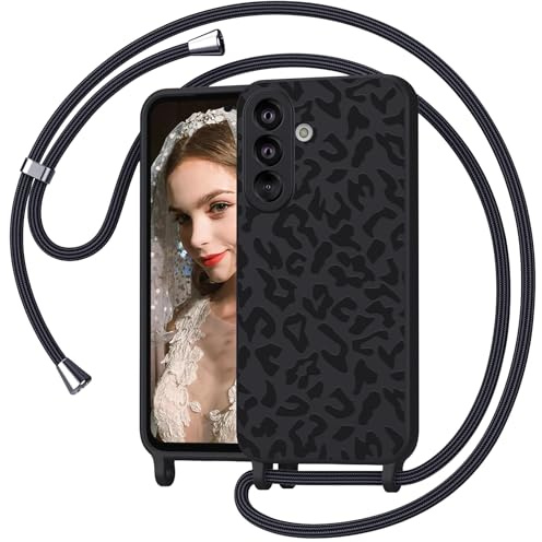 Mosoris Handyband für Samsung Galaxy S25 FE 5G Hülle mit Band, Leopardenmuster Silikon Handyhülle mit Kette, Necklace Schutzhülle zum Umhängen Kordel, Liquid Silikon Case für Samsung S25 FE, Schwarz