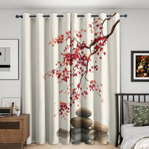 Générique Rideau Occultant Japonais, Lot de 2 Rideaux Occultant Thermique Isolant à Oeillets, Motif Feuille d'érable Chinois, Decoration Chambre Salon Fenetre, 140 L x 260 H G659n