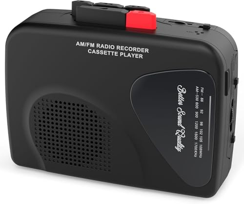 Lettore di cassette portatile e registratore di cassette con radio AM/FM, altoparlante integrato, jack per cuffie e clip per cintura (nero)