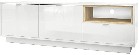 Vladon TV Board Lowboard Metro, Made in Germany, Korpus in Weiß Hochglanz/Fronten in Weiß Hochglanz mit Einsatz in Eiche Natur