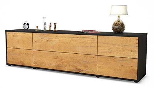 Stil.Zeit TV Schrank Lowboard Assunta, Korpus anthrazit matt, Front Holz-Design Eiche (180x49x35cm), mit Push-to-Open Technik & Leichtlaufschienen