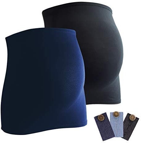 Mamaband Schwangerschaft Bauchband für die Babykugel im Doppelpack + 3erPack Jeanserweiterung – Rückenwärmer und Shirtverlängerung für Schwangere – Elastische Umstandsmode Schwarz/Dunkelblau 32-38