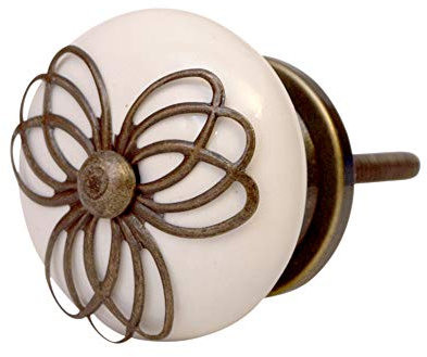 Knober Bouton de meuble en céramique blanche porcelaine 40 mm Style maison de campagne shabby chic (Antique AD27)