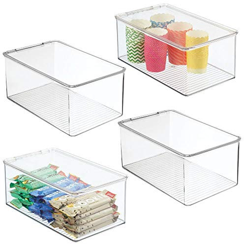 mDesign 4er-Set Küchen Organizer – stapelbare Vorratsdosen für Küchenregal und Vorratskammer – Kühlschrankbox aus BPA-freiem Kunststoff mit Klappdeckel – durchsichtig
