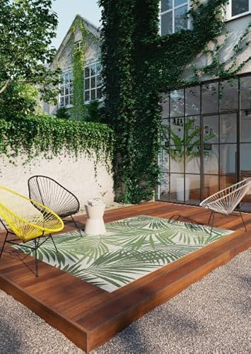 Modern Style Rugs Allbee Tropical Leaves Foliage Green Flatweave Indoor/Outdoor Area Rug. Patio, Garden, Living Room, Bedroom, Conservatory. 160x230cm