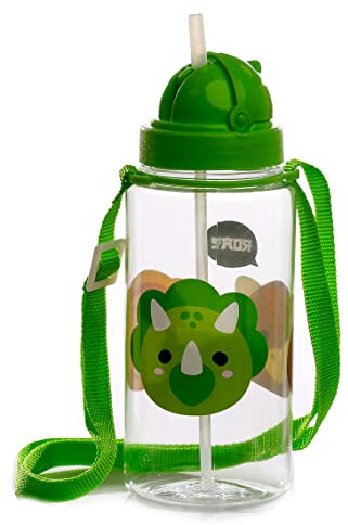 Puckator Adoramals Dinosaur - Kids Drinks Bottle With Straw - Reusable Water Bottle For Girls And Boys With An Attached Long Strap - Bpa Free - For School Nursery - Cute Dinosaur Design -Pp 450ml