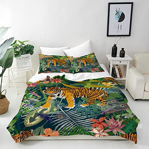 ANHOPE Tropisch Tiger Blatt Blume Bettwäsche Set 3 Teilig Bettbezug 200x200 cm & 2 Kissenbezug 50x70 cm Microfaser Bettbezüge mit Reißverschluss Weich Ganzjahres Bettdeckenbezug Set