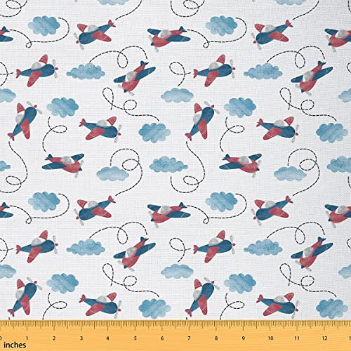 Stoff für Kinder Flugzeug Meterware Jungen Vintage Aquarell Flugzeug Polsterstoff Weltraum Cartoon Flugzeug blaue Wolken Dekostoff zum Quilten Nähen DIY Basteln Patchwork 920 x 150 (HxB)