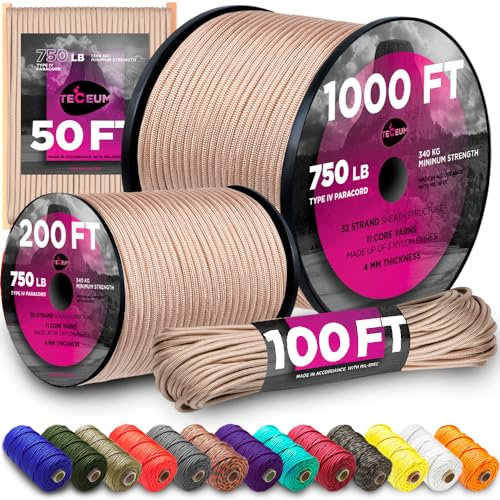 TECEUM Paracord Type IV 750 lb Beige – 30 m – 4mm – 100% Nylon Strong Tactical MIL–SPEC Parachute Cord – Survival Rope Emergency 11 Strands Core EDC Camping Hiking Military Gear (100ft) 366