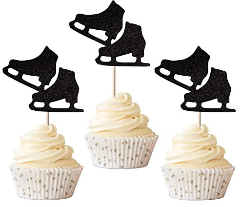 Rsstarxi 24 Pack Ice Skating Cupcake Toppers Glitter Ice Sports Theme Cupcake Picks for Skating Theme Baby Shower Kids Birthday Party Cake Decorations Supplies Black