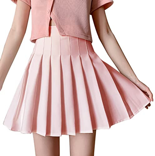 DRESHOW Rétro Jupe Basique Elastique évasée Mini Jupe Plissée Patineuse Décontractée Pour Femmes Filles, Pleated Mini Skirt 04-Pink, M