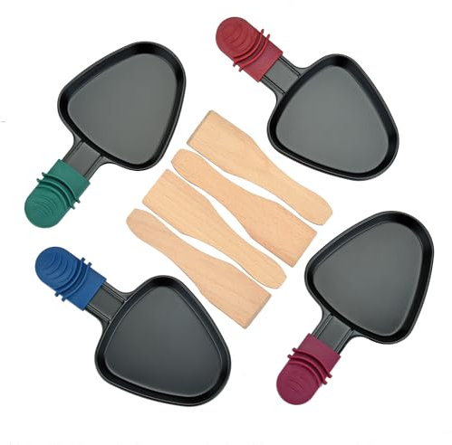 RoDzj Poelon Raclette Triangulaire, 4 Pièces Set Antiadhésif avec spatule raclette bois pour Fromage Fondu, Oeuf Frit