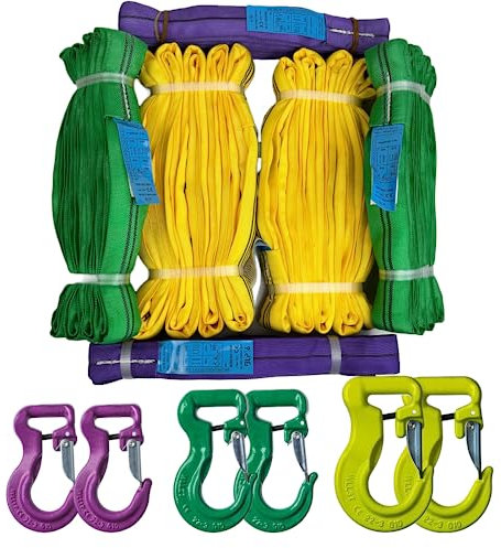 Rundschlingen Set 12teilig, Rundschlingen EN1492-2 und geschmiedeten Rundschlingenhaken Tragkraft 1 to, 2 to und 3 to Universalhaken Hebeschlingen Kranschlingen Nutzlängen 1,5 m / 1,5 m / 2,0 m