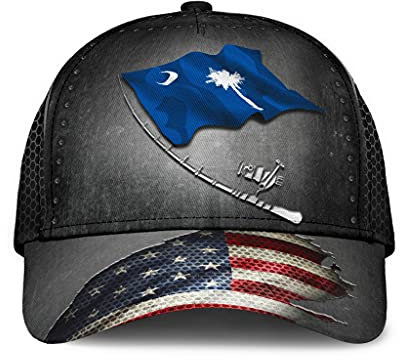 Angeln Hüte Angelrute South Carolina Us-Flagge Stolzer Patriotischer Unabhängigkeitstag Fischer Fischliebhaber Geschenkidee Schwarz Unisex Baseball Cap Leicht Vintage Baseballkappe Für Sport Tennis