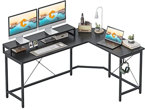CubiCubi Schreibtisch L Form 170x120cm, Gaming Tisch Eckschreibtisch, Schreibtisch mit Langer Monitorständer, Schwarz