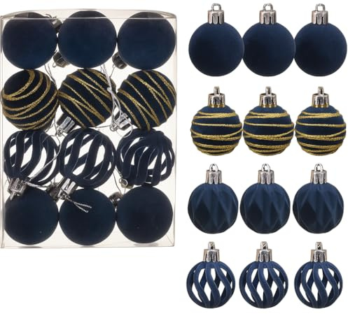 12 Pack Blue Velvet Christmas Baubles 4cm – Luxury Shatterproof Tree Ornaments in 4 Elegant Designs | Navy Blue Decorations with Gold Glitter | Xmas Hanging Balls for Tree, Wreath & Home Décor