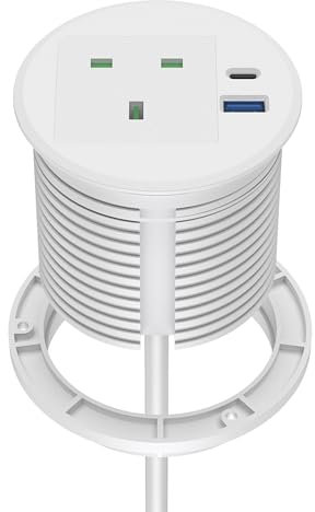 Haiaoyyds Desk Socket with USB-C Grommet, 80mm Hole - 1 UK Plug, 2 USB Ports, 2M Cable, Recessed Power for Home Office, White