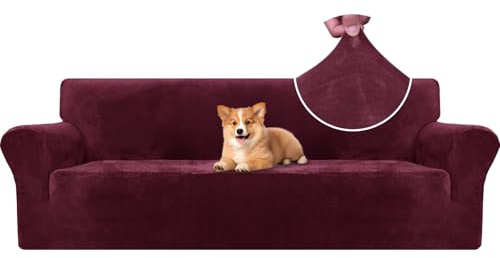 CYCMACO Samt Sofa Überzug 4 Sitzer, Sofabezug Elastische, Couch Überzug Haustier Katze Hunde, Universal Sofa Cover Moderne, Sofahusse Mit Armlehnen, Sofaschoner rutschfest, Weinrot