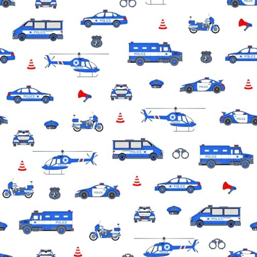 Textrend Baumwollstoff Meterware - Stoff zum Nähen - 100% Baumwolle - Textilien 1x1.6m - Stoffe Meterware - Sonderfahrzeuge Feuerwehr Polizei (Polizeiblau auf weißem Hintergrund)