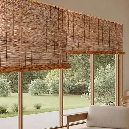 Bambus Rollo Bambusrollo, Outdoor Rollos Wetterfest Schilfvorhänge, Breit 50-150cm Lang 60-300cm, 70% Blickdicht Raffrollo für Türen Fenster, Sichtschutz Sonnenschutz Natural Schilf Vorhang Jalousie (