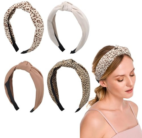 4er-Set Damen-Haarreifen,Haarband Kosmetik Breite Modische Stirnbänder mit Beige Leopardenmuster Knoten-Design,Haarreifen Mädchen Rutschfest Komfortabel Ideal für Styling Kosmetik