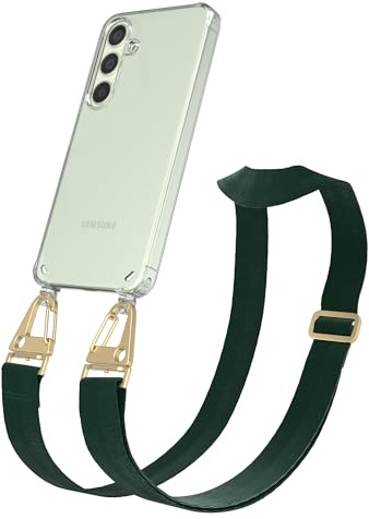 EAZY CASE - Hülle mit Band kompatibel mit Galaxy S24 Handyhülle mit Umhängeband Silikonhülle Transparent Schutzhülle Handykette zum Umhängen Handykordel Smartphone in Pinien Grün - Clips Gold