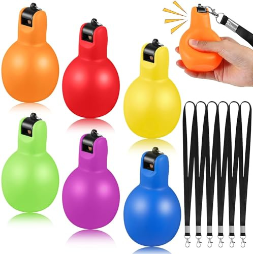 Theaque 6 Pcs Hand Squeeze Whistles with Lanyards Multicolored Coach Whistle for Coaches Referees Handheld Whistle Sports Whistle for Indoor Outdoor Home School Sports, Soft PVC